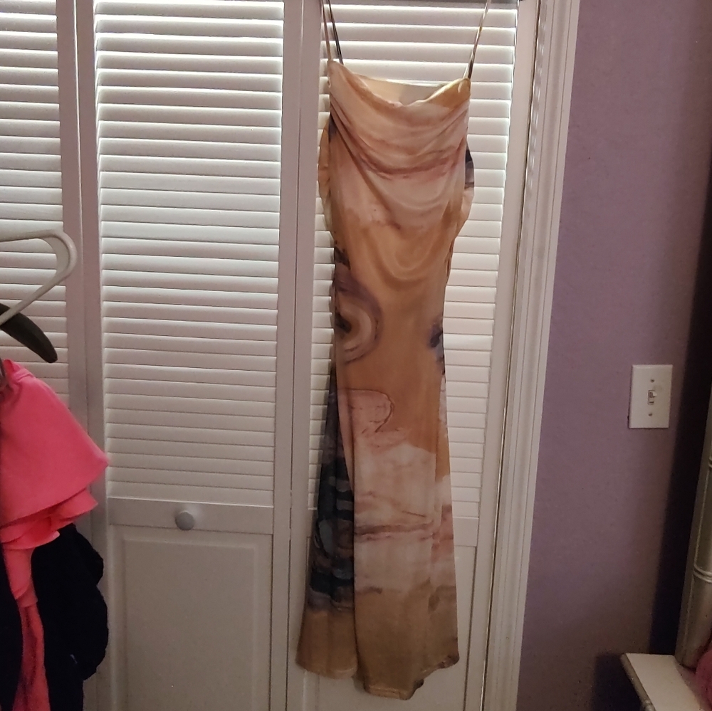 NWT Commense Yellow Purple Marble Tie-Dye Mesh Ruched Bodycon Midi Dress - Picture 3 of 9